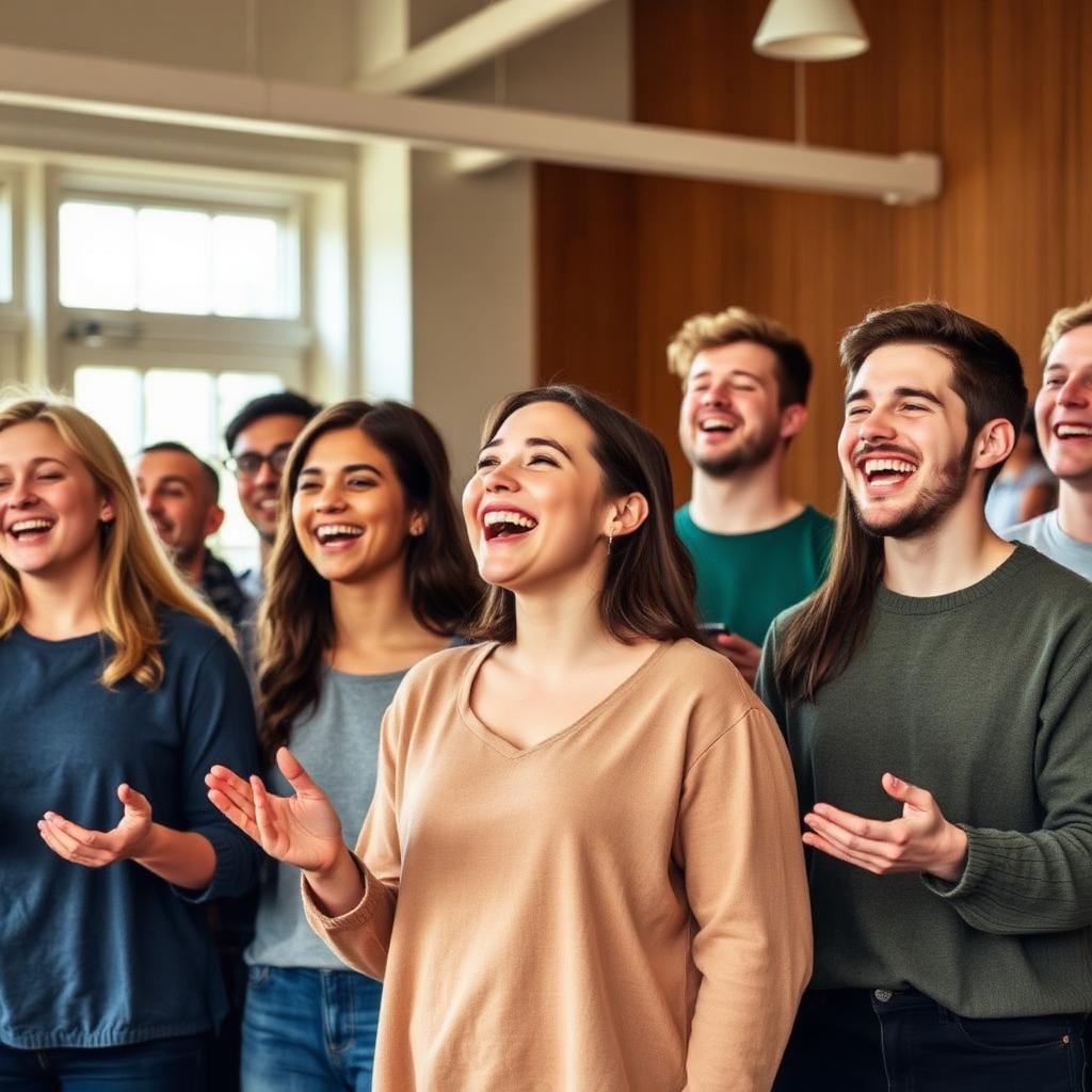 Group of young adults singing in casual clothes