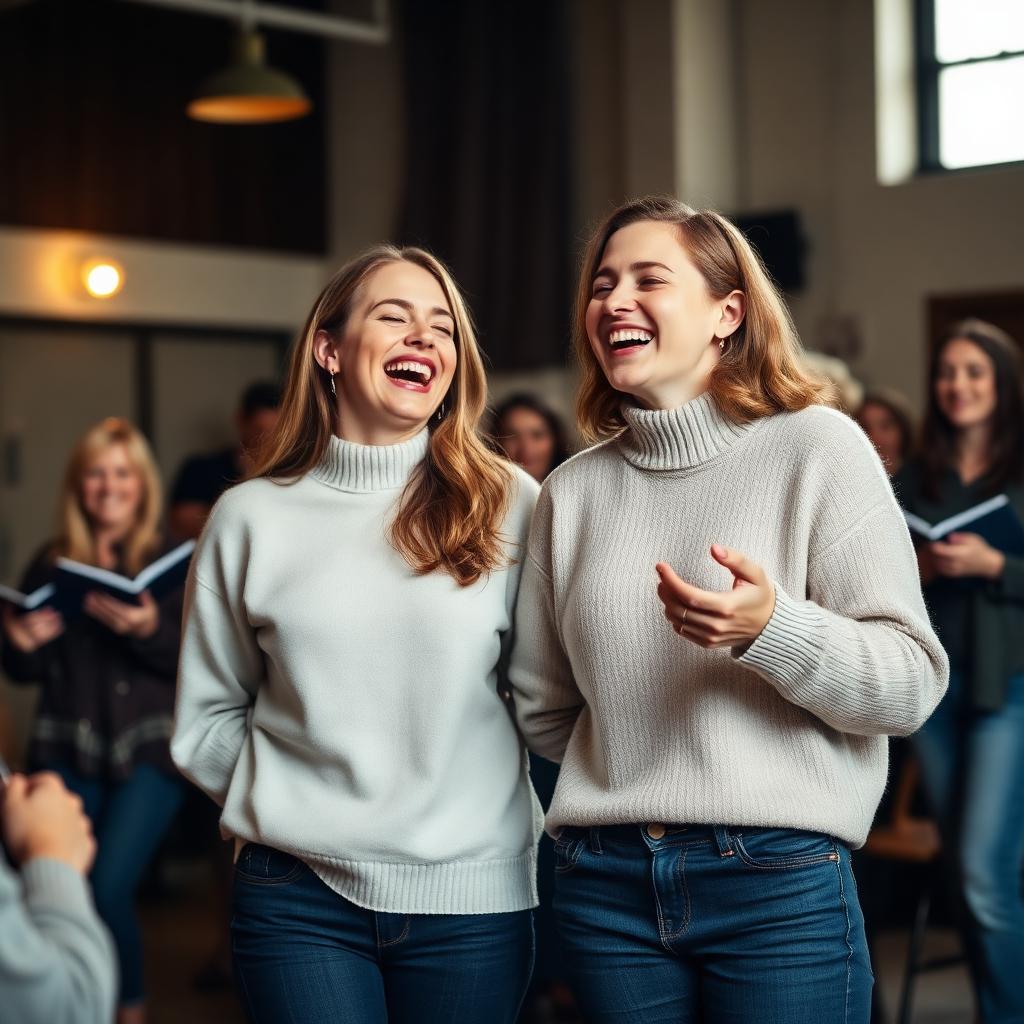 Two friends laughing together during a choir rehearsal