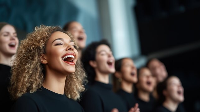 Choir members singing side by side in everyday clothes