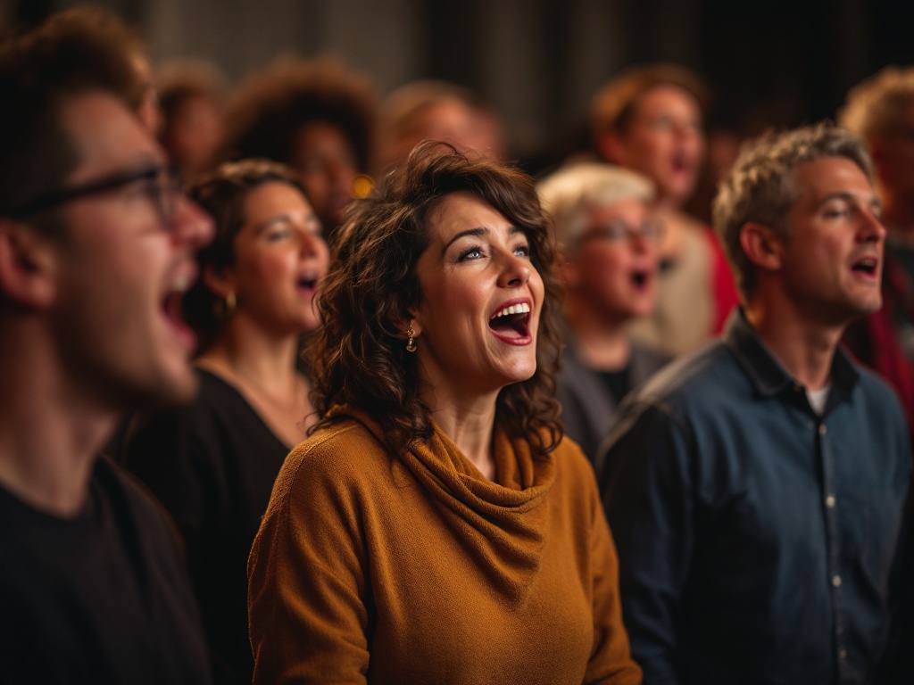 Choir members singing with smiles in a community hall