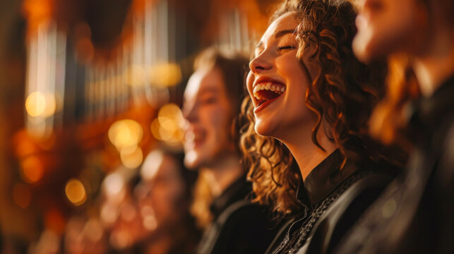 Choir member laughing while singing