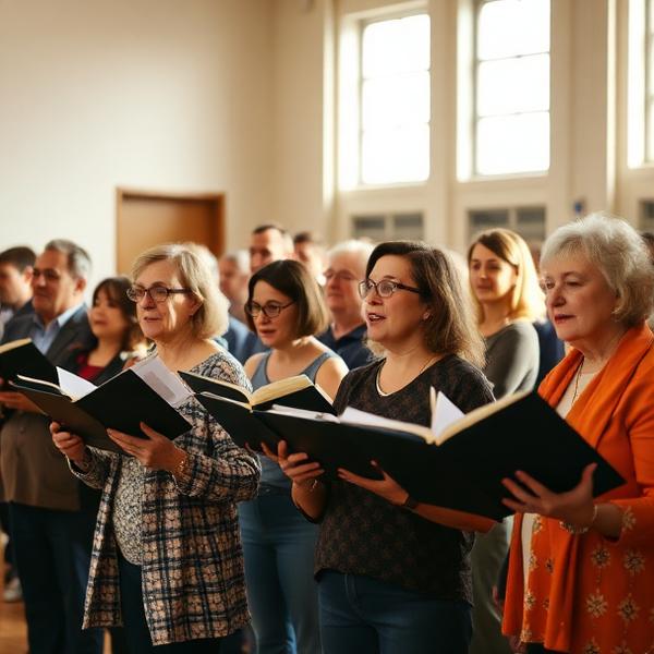 Choir members holding sheet music and singing