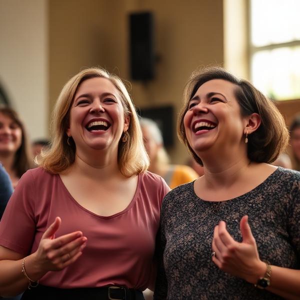 Two members laughing together during warm-ups