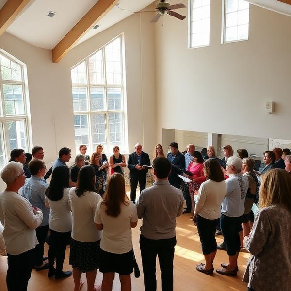 Wide shot of the choir gathered in a community hall