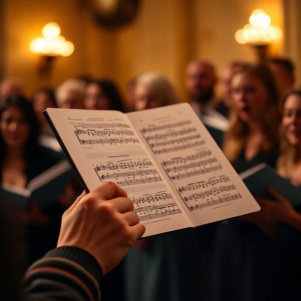 Hands holding an open sheet music folder